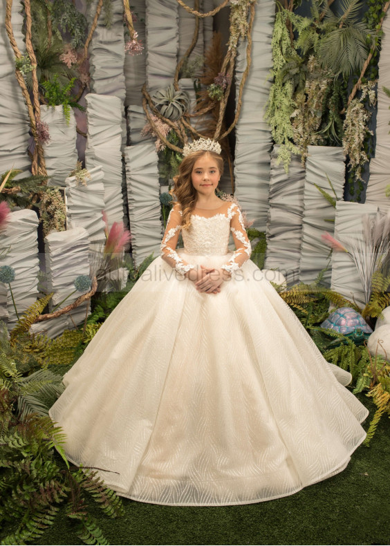 Long Sleeves Beaded Ivory Lace Tulle Luxury Flower Girl Dress